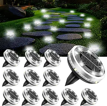 Read more about the article Solar Ground Lights Outdoor 12 Pack Waterproof, Upgraded Solar Garden Lights with 4 Side Light, Stainless Steel Solar Powered Disc Landscape Light