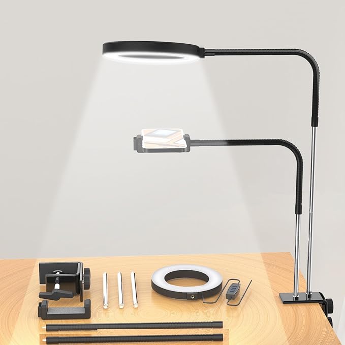 Read more about the article Overhead Phone Stand with Light, Desk Phone Tripod for Nail Art Jewelry Video Recording, Overhead Phone Mount