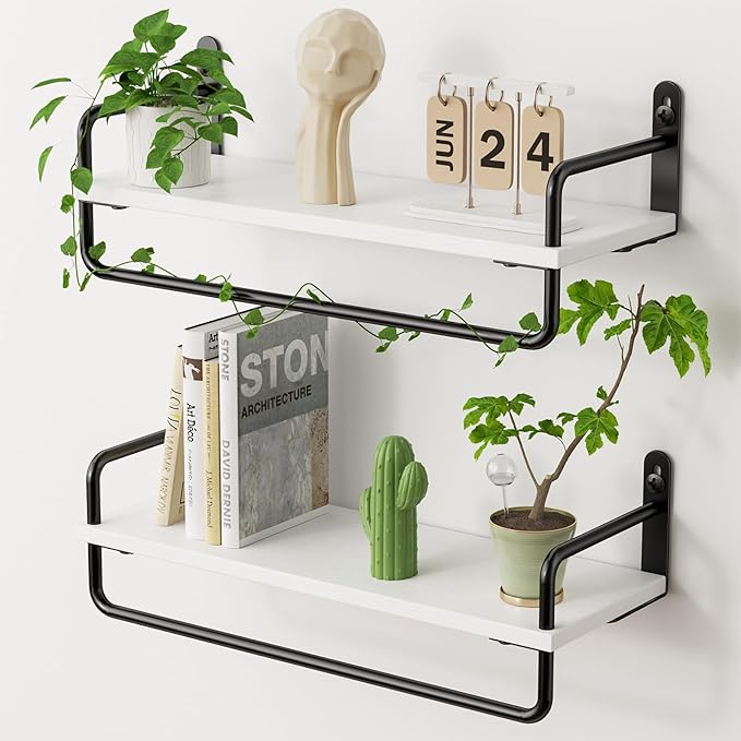 Read more about the article Wall Shelf, White, Floating Shelf with Rail, Set of 2