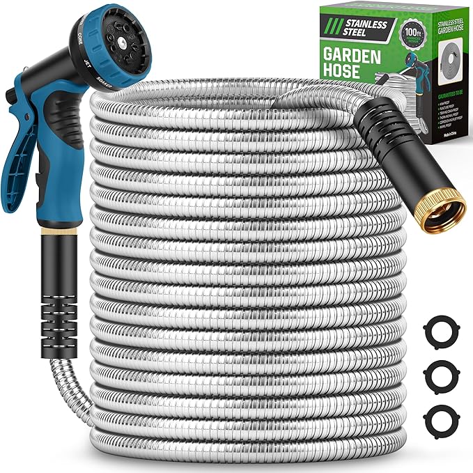 Read more about the article Garden Hose 100FT, Water Hose with 10 Function Nozzle, Garden Hose Metal with Leak-proof Connectors, No-Kink, Lightweight, Puncture-proof,