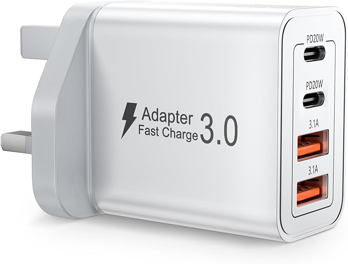 Read more about the article USB C Plug Fast Charger 40W 4 Port with Dual PD 3.0 & QC Multi Phone Charger Adapter UK Wall Mains Plug for iPhone 16 15 14 13 12 11 Pro Max X XR XS 8 7 6 6S Plus 5 5S