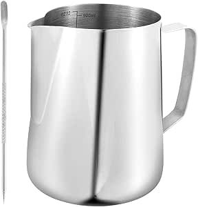 Read more about the article Milk Frothing Jug, 900ml/30oz Stainless Steel Milk Pitcher Cup, Barista Milk Jug Cup with Measurement Mark & Latte Art Decorating Pen for Making