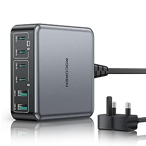 Read more about the article Rocoren 270W GaN USB C Fast Charger Block, 6-Port PD 100W QC4.0 PPS 2-Laptop Charging Station with 1.5m UK Cord, Compatible with MacBook Pro/Air, iPhone 15/16 Pro, Galaxy,