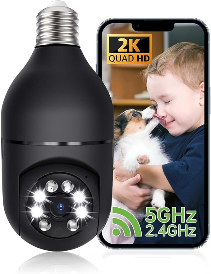 Read more about the article 2K Light Bulb Security Camera, 5GHz Security Cameras Wireless Outdoor, 360° PTZ Cameras for Home Security with Color Night Vision, AI Human Detection