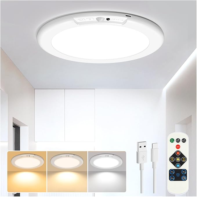 Read more about the article Rechargeable Motion Sensor Ceiling Light, Wireless Ceiling Lights Battery Operated Closet Light with Remote,