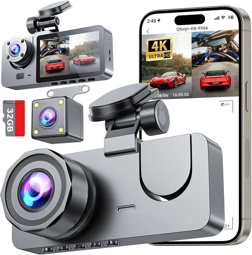 Read more about the article Click to see full view 3 Channel Dash Cam Front and Rear, 4K HD Dash Camera Included 32GB SD Card, Dash Camera for Cars, Dashcam with Night Vision, G-Sensor, 24H Parking Mode, 170°Wide Angle,