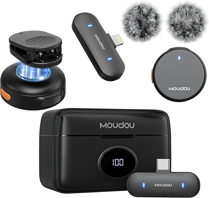 Read more about the article moudou wireless Microphone,Wireless Lavalier Microphone Mini Mic for iPhone Android Phone PC 100ft Range 50H Battery Charging Case Lapel Clip Mics for Podcast Vlogging YouTube TikTok Video Recording