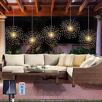 Read more about the article Pack Solar Firework Lights, 360 LED 8 Modes Dimmable Waterproof Hanging DIY Starburst Fairy Lights with Remote Timer for Party Garden Indoor Outdoor Decoration