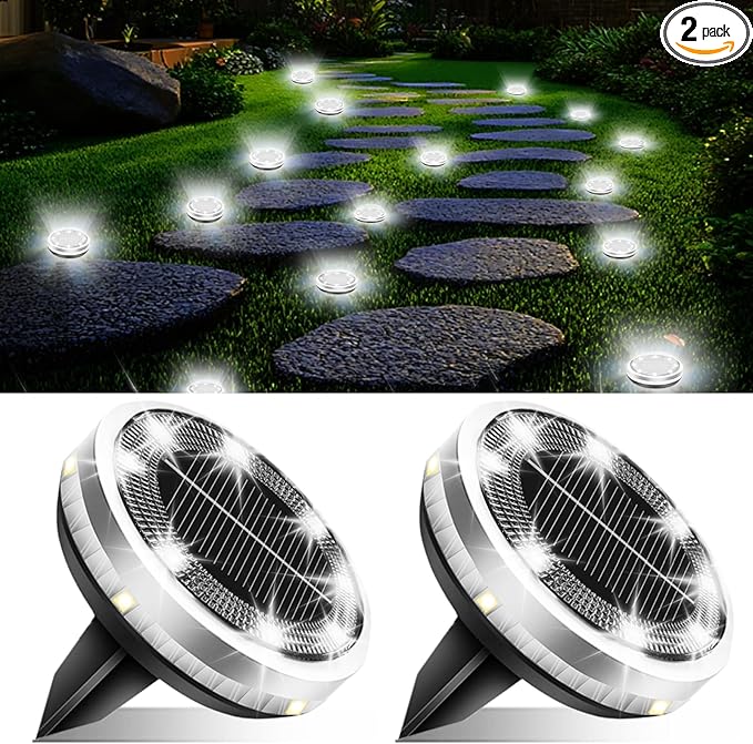 Read more about the article Solar Ground Lights Outdoor 2 Pack Waterproof, Upgraded Solar Garden Lights with 4 Side Light,