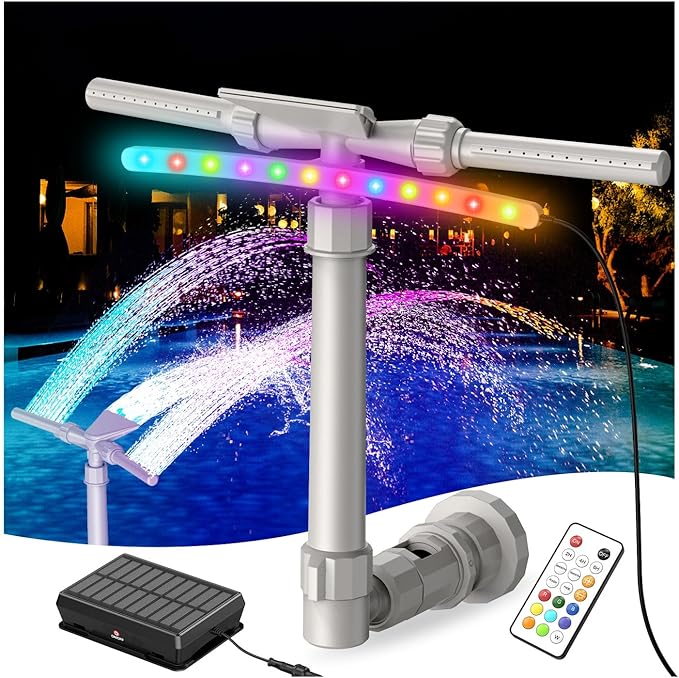 Read more about the article Solar Pool Fountain with Lights for Above Ground Pools,XJUGEZ Pool Lights with 9-Colors LED Lights and RF Remote，Above Ground Pool Fountain 360° Adjustable Water Sprinkler with Two Splash Modes