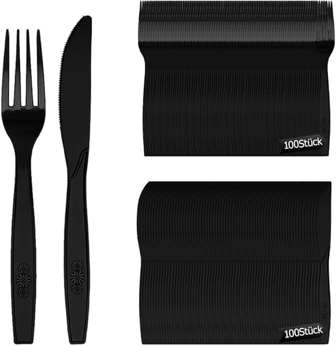 Read more about the article Plastic Cutlery, 200 Pieces Plastic Cutlery Set, 100 Plastic Knives, 100 Plastic Forks Party Cutlery Reusable for Family Parties Birthday Parties Weddings Black