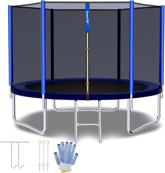 Read more about the article SAIBERTAN Trampolin Outdoor Ø244/305/366 cm, Rundes Gartentrampolin mit 4 Erdnägeln & Sicherheitsnetz – EXTRA STARK & WETTERFEST (INTERTEK GS-Zertifiziert) – Inklusive Leiter und Gepolsterten Stangen