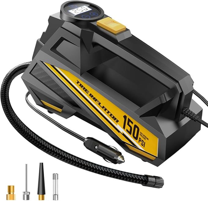 Read more about the article FLYKID Tyre Inflator Air Compressor 12V DC – Car Tyre Pump 150 PSI with 3 Nozzle Adaptors & LED Emergency Light for Cars, Bicycles & Sports