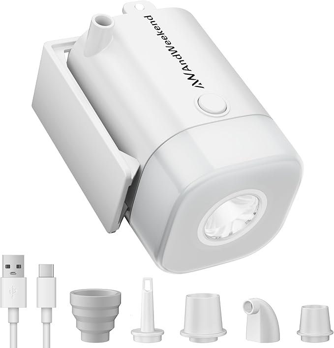 Read more about the article THE WEEKEND Portable Air Pump for Inflatables with Camping Lantern,3kPa Tiny Air Mattress Pump with 2000mAh Rechargeable Battery,Inflate Deflate for Sleeping Pads Pool Floats Inflatable Toys(