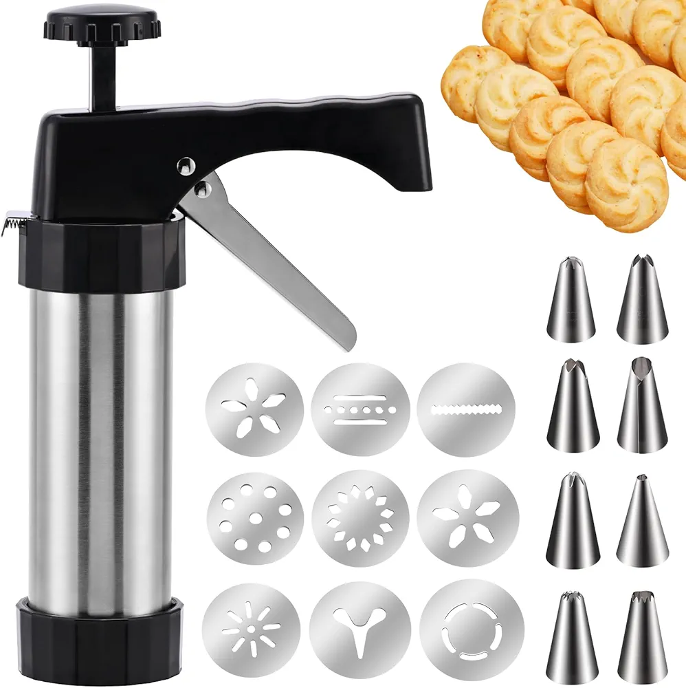 Read more about the article Stainless Steel Cookies Press,Cookie Press Gun Kit with 13 Cookie Discs and 8 Piping