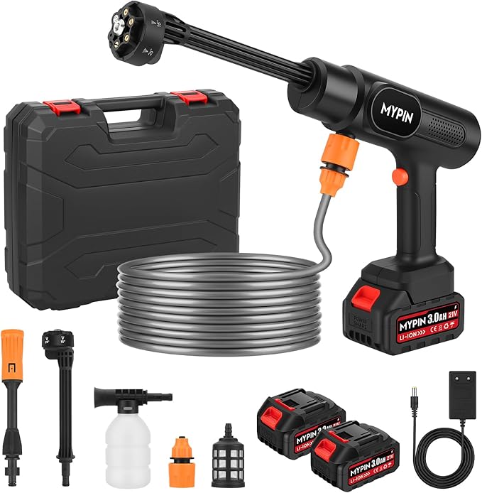 Read more about the article MYPIN Portable Cordless Pressure Washer with Two 21 V Batteries, 600 PSI Pressure Washer, 6-in-1 Nozzle with Standard Nozzle for Cleaning Car Floors, Walls and Fences