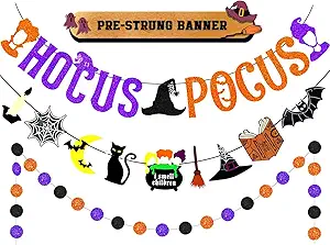 Read more about the article Upgraded, 30pcs Hocus Pocus Decorations, Premium Glitter Hocus Pocus Banner with 12pcs Halloween Sign Hanging Paper and 1 Set Garland, Witches Halloween Decorations for Indoor, Home, Office, Wall