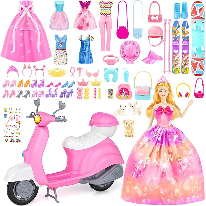 Read more about the article 67PCS Doll Playset with Scooter & 11.5 Inch Doll Travel Accessories Skiing Kit, Pet Set, 10 Shoes, 6 Outfits (