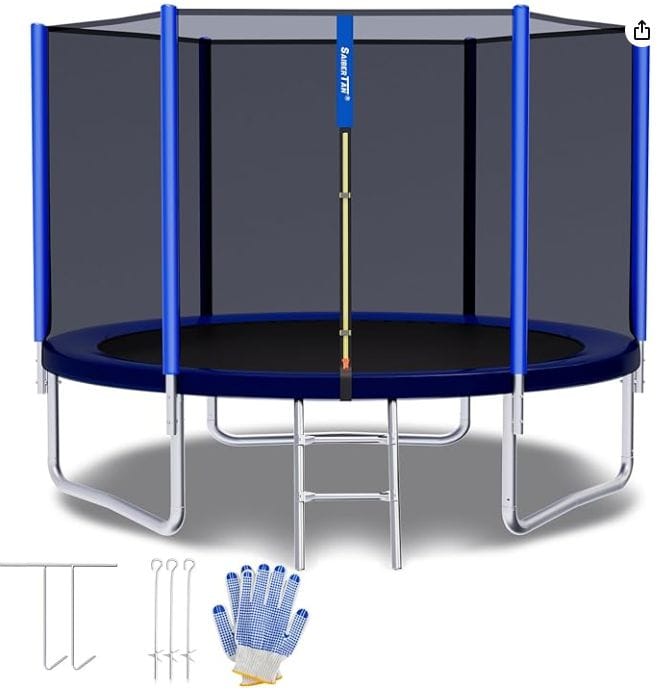 Read more about the article SAIBERTAN Trampolin Outdoor Ø244/305/366 cm, Rundes Gartentrampolin mit 4 Erdnägeln & Sicherheitsnetz – EXTRA STARK & WETTERFEST (INTERTEK GS-Zertifiziert) – Inklusive Leiter und Gepolsterten Stangen