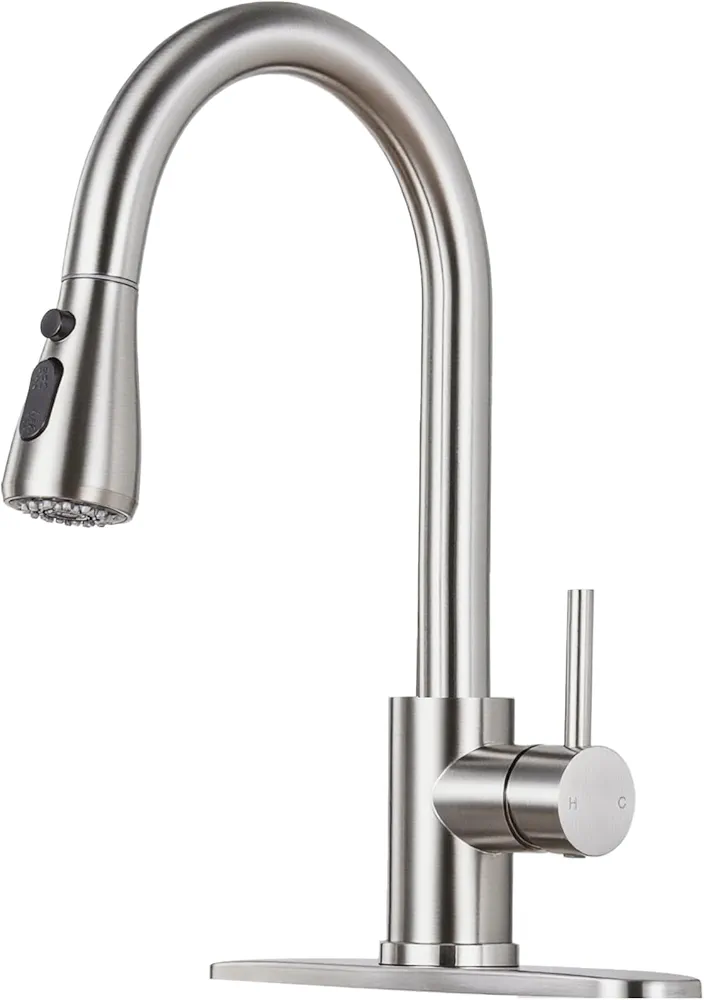 Read more about the article Kitchen Faucet with Pull Down Sprayer – Brushed Nickel Single Handle Kitchen Faucets, High Arc Stainless Steel Pull Out Kitchen Sink Faucet with Deck for RV