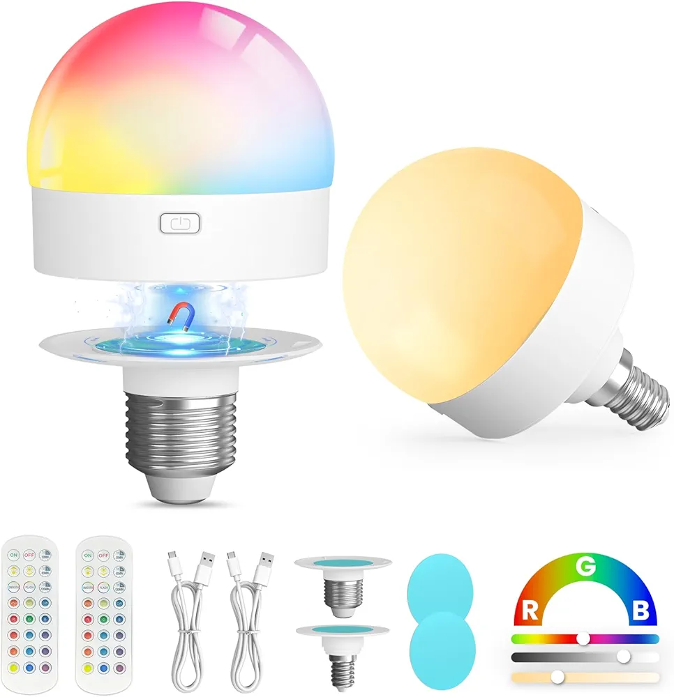 Read more about the article Rechargeable LED Light Bulbs for Sconce & Lamp, E26+E12 Battery Operated Bulb with Remote, 3 Color Temperature+12 RGB Dimmable & Timer Wireless Night Light