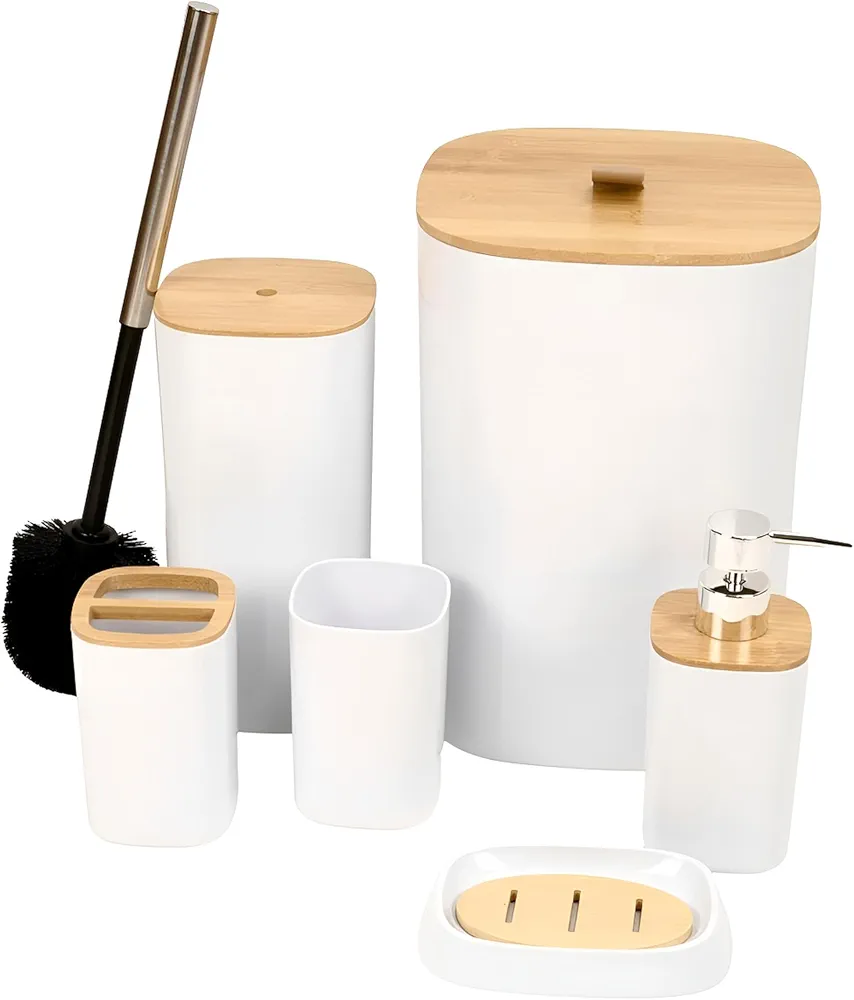 Read more about the article DIVCHI 6 Pieces Bathroom Accessories Set Luxury Accessory Sets Bathroom Bin And Toilet Brush Set Toothbrush Holder Tumbler Soap Dish Trash Can Soap Dispenser Bath Set Gift (White)