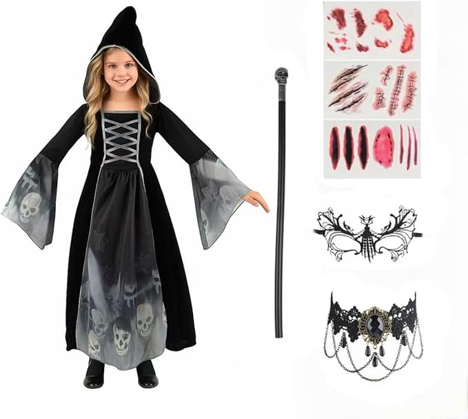 Read more about the article EliphonTowne 5pcs Kids Halloween Costumes about Death – Medieval Tudor Dress with Hooded for Girls, Medieval Costume Girls includes Scepter