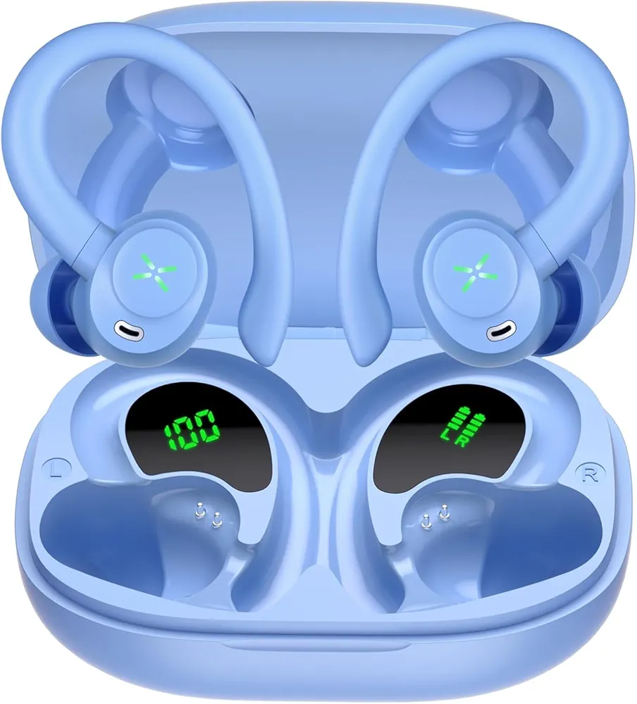 Read more about the article Wireless Earbuds, Bluetooth 5.4 Headphones Sport with Deep Bass Stereo, 40H Playtime Earphones with 4 ENC Noise Cancelling Mic, Bluetooth Earbuds IP7 Waterproof, LED Display for Running, Light Blue