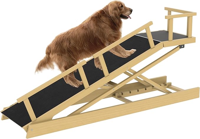 Read more about the article 6 Level Height Adjustable Dog Ramp for Bed, Couch 65″ Foldable Pet Ramp with Non-Slip Mat，DIY Glow Strips & Rest Platform Heavy