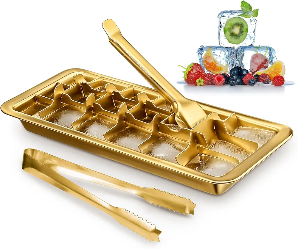Read more about the article Stainless Steel Ice Cube Tray, Metal Ice Cube Trays Levers Remove Cubes For Kitchen & Bar, Dishwasher Safe Gold