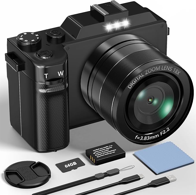 Read more about the article Digital Camera, 5K 64MP Photo Camera with WiFi, 64GB Card, Auto Focus, Selfie 3 Inch LCD Screen, Compact Vlogging Camera for YouTube, Wide Angle & Macro Lens for Beginners and Adults