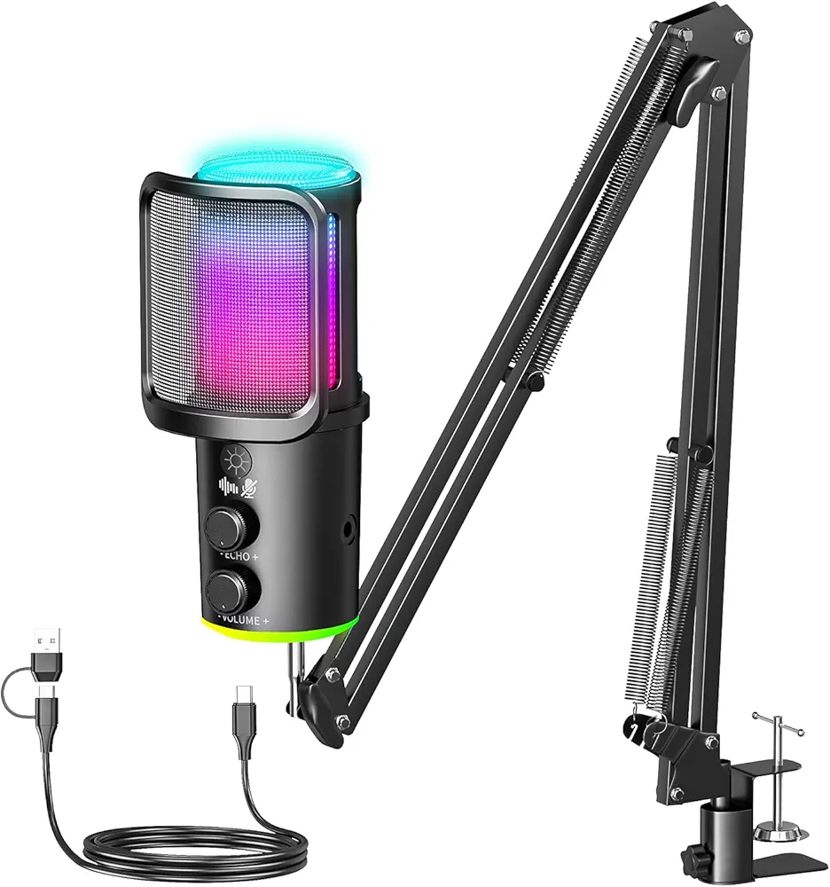 Read more about the article Gaming USB Microphone, Noise Cancellation Condenser Mic with Mute,Boom Arm Mic-Reverb Adjustment