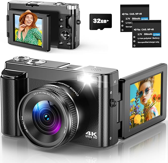 Read more about the article Digital Camera 4K Compact Digital Camera 48MP with Auto Focus, 3 Inch 180° Folding Screen, 16X Digital Zoom, 32GB Memory Card, 2 Batteries for Beginners and Teenagers