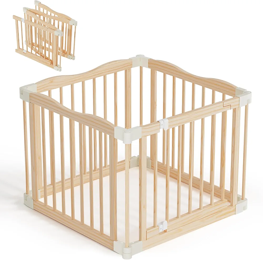 Read more about the article Foldable Wooden Playpen – Adjustable Wood Baby Play Yard with Child-Proof Lock, Indoor Large Safety Fence for