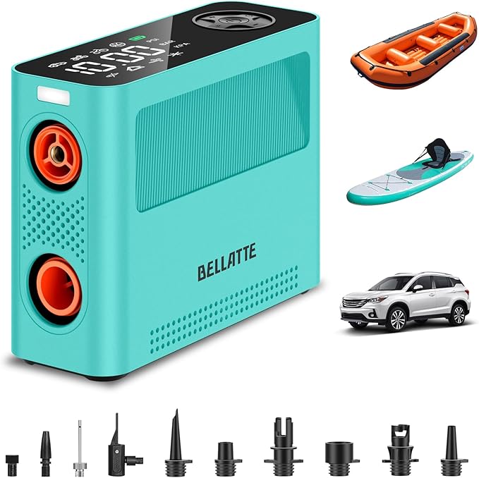 Read more about the article Bellatte Paddle Board Pumpe – 150PSI Paddle Bord Luftkompressor, 4X schnellere elektrische Pumpe mit 9 Modi, All-in-One Auto Luftpumpe für Autoreifen, Motorrad, Ball, SUP, Zelt, Kajak, Schwimmer