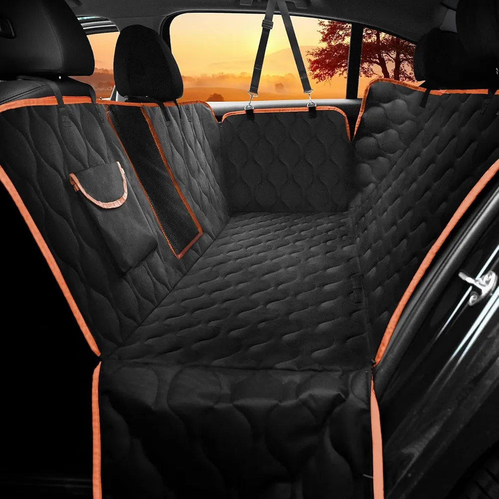 Read more about the article Waterproof Dog Car Seat Cover, Black with Orange Trim, Universal Size Back Seat Protector with Mesh Window