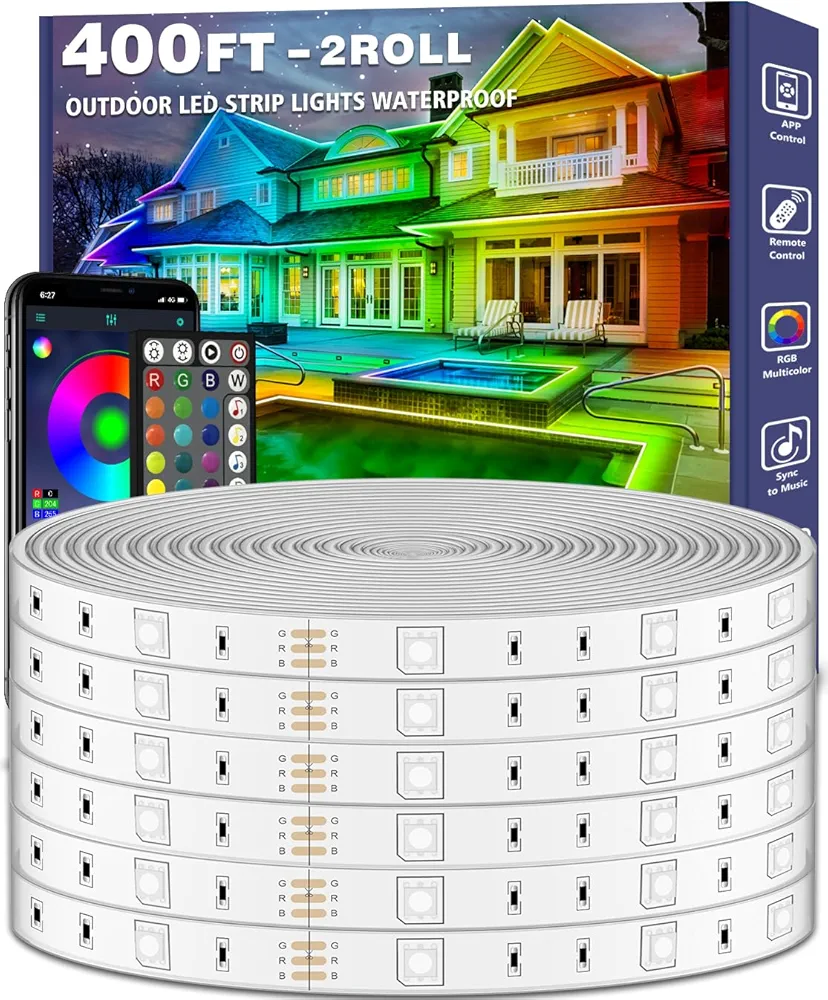 Read more about the article 400ft Outdoor LED Strip Lights Waterproof,IP68 Outside Led Light Strips Waterproof with App and Remote,Music Sync RGB Exterior Led Rope Lights with