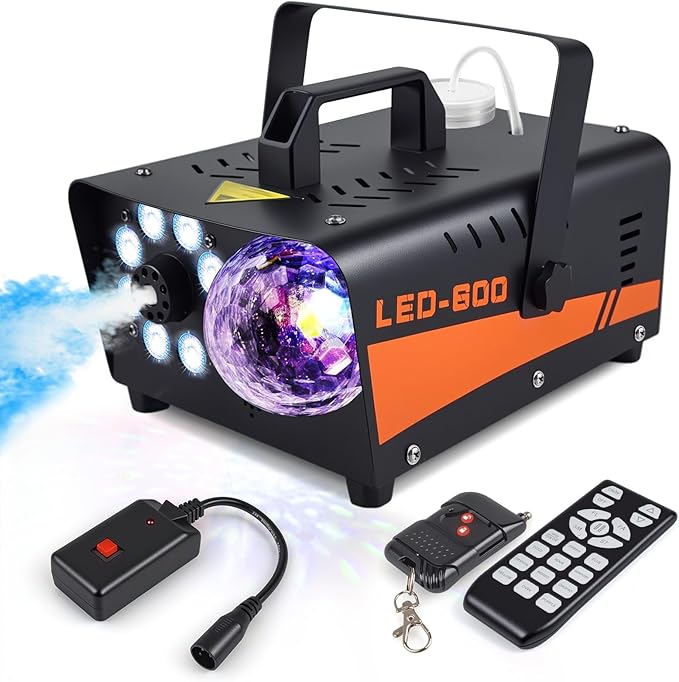 Read more about the article Smoke Machine, 600W Fog Machine with Disco Ball Lights, 3000CFM Output, 13 Color LED Effects, Wireless Remote Controls