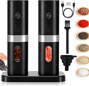 Read more about the article Electric Salt and Pepper Grinder Set, Stainless Steel Pepper Mill, USB Rechargeable, Adjustable Coarseness, Auto Grinders with Charging Base Blue LED Light, One-Handed Operation, Funnel (Black)