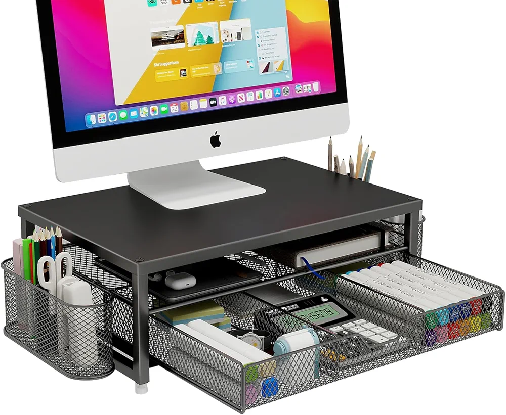 Read more about the article Monitor Stand Riser Metal, Office Desk riser with shelf Organizer, Office Organization ,Desk Organizer with Drawer and Pen Holder, 2-Tier Computer Stand, for iMac, PS4, PC, Printer, Notebook (Black)