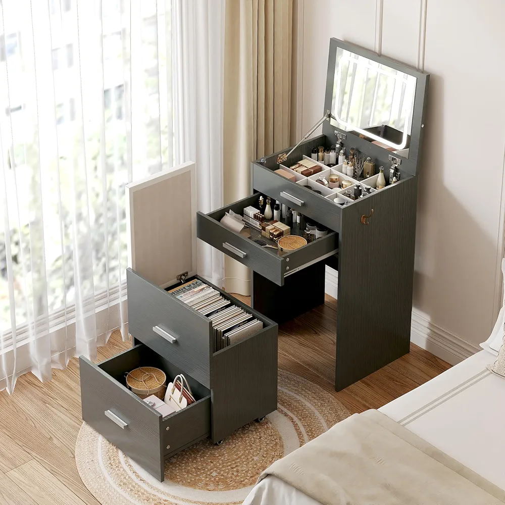 Read more about the article Compact Vanity with 3 Drawers, 3 in 1 Vanity Desk, Makeup Desk with Flip-up 3 Colors Lighting Mirror and Cushioned Stool