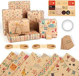 Read more about the article Wrapping Paper, 6 Sheets Brown and Colourful Mixed Pattern Kraft Paper Gift Wrap Set for Men