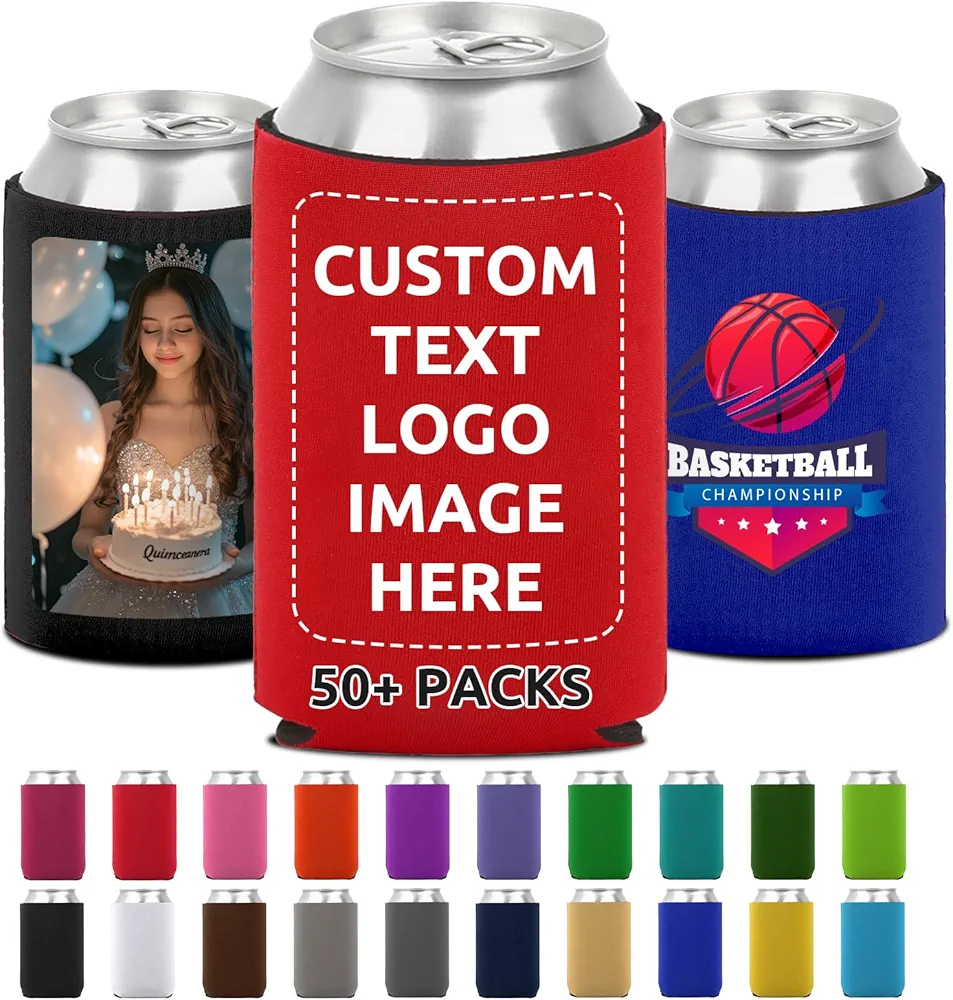 Read more about the article Custom Can Coolers Sleeves 100 Pack Bulk for 12 OZ Cans & Bottles, Personalized Collapsible Insulated Drink Holder with Logo