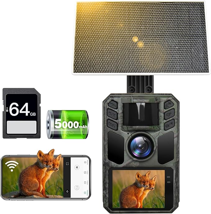 Read more about the article FKPCAM Wildlife Camera Solar WiFi with Mobile Phone Transfer App, 4K HD Video 64MP Built-in 5000 mAh Lithium Battery, Wildlife Camera Night Vision, 0.1s Trigger Motion Activated, IP67 Waterproof 130°