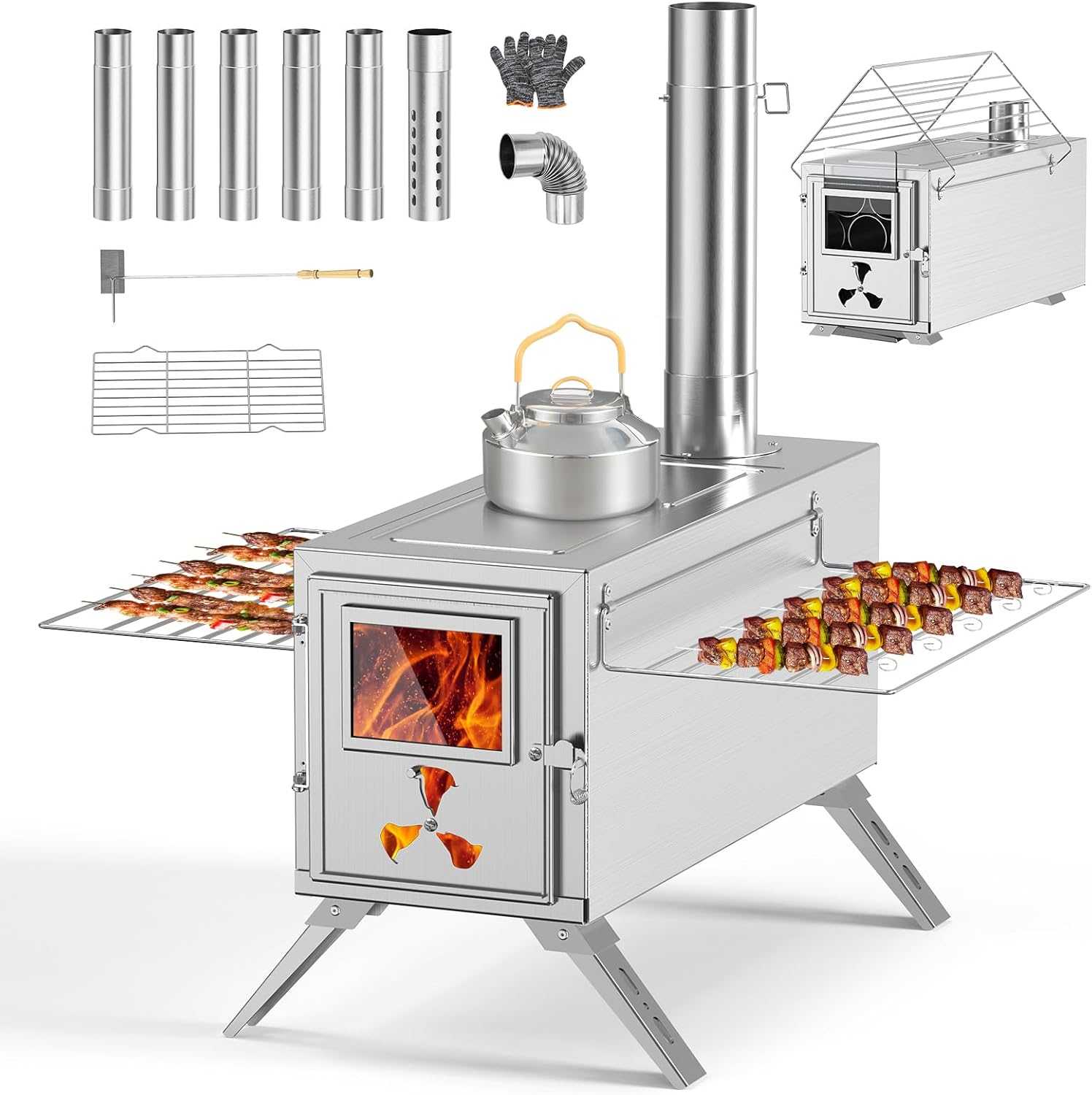 Read more about the article MOPHOTO Camping Wood Stove, Hot Tent Stove with 7 Stainless Chimney Pipes and Spark Protection, Small Camping Wood Stove for Outdoor Heating, Cooking, Ice Fishing, Hunting (38 x 20 x 22 cm)