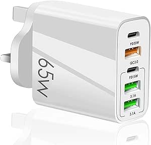 Read more about the article JINHENDS 65W USB C Plug, 5-Port Multi Fast Charger Plug UK, 2-Port PD Power Adapter + QC Wall Charger C Charging Plug for iPhone 16 15 14 13 12 11 Pro Max XS XR SE, iPad, AirPods (White)