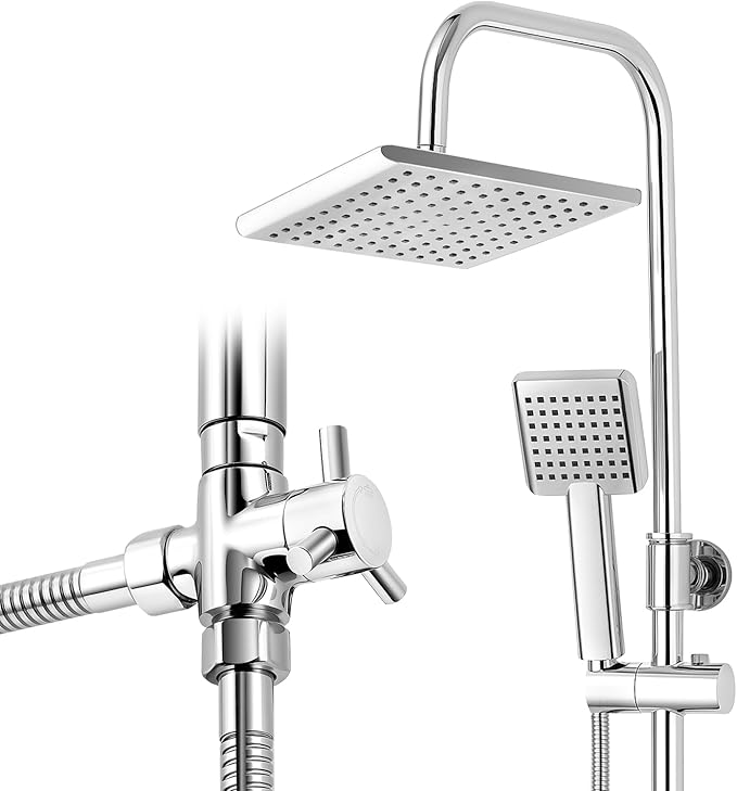 Read more about the article Ronvie Shower System with Fitting, 21 x 21 cm, Square Rain Shower and Hand Shower, 3-Way Brass Diverter, Height/Tilting Shower Rail (790-1280 mm) with Anti-Leak System for Modern Bathrooms