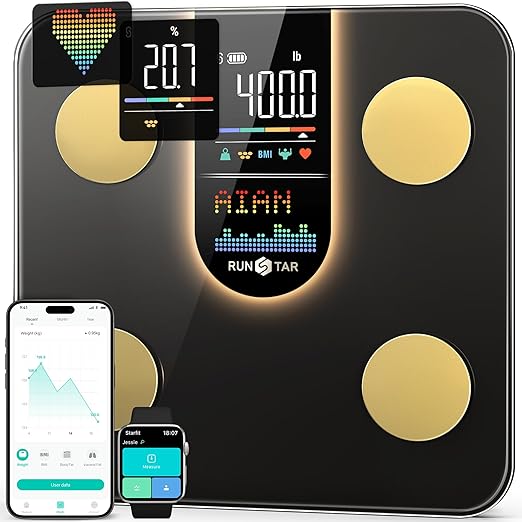 Read more about the article RunSTAR Body Fat Scales Digital Bathroom Scales with 8-in-1 VA Display for Body Weight, Heart Rate, BMI, Body Fat and Analysis of 22 Body Parameters with App Sync