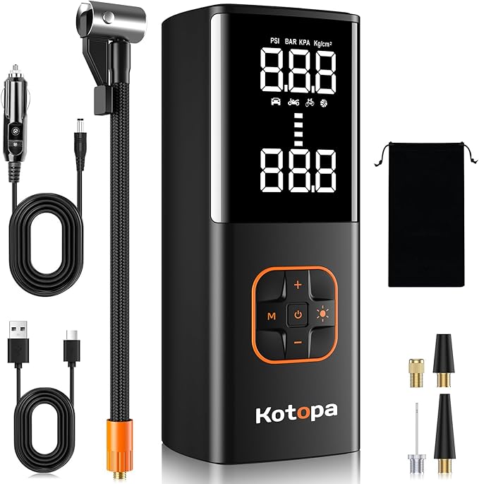 Read more about the article Kotopa Elektrische Luftpumpe, 150 PSI Akku Luftpumpe mit LED-Licht & Powerbank, Akku Kompressor mit 4 Ventilen für Auto/Fahrrad/Motorrad/Ball