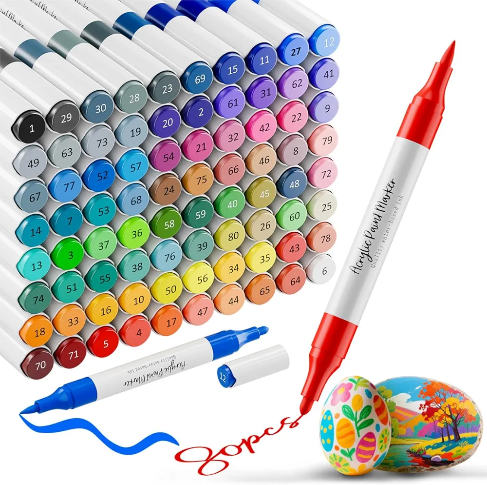 Read more about the article Acrylic Paint Markers,80 Colors Acrylic Markers,Dual Tip Paint Pens for Painting Rocks,Fabric,Wood, Glass,Coloring Books,Paper,DIY Crafts Art School Supplies